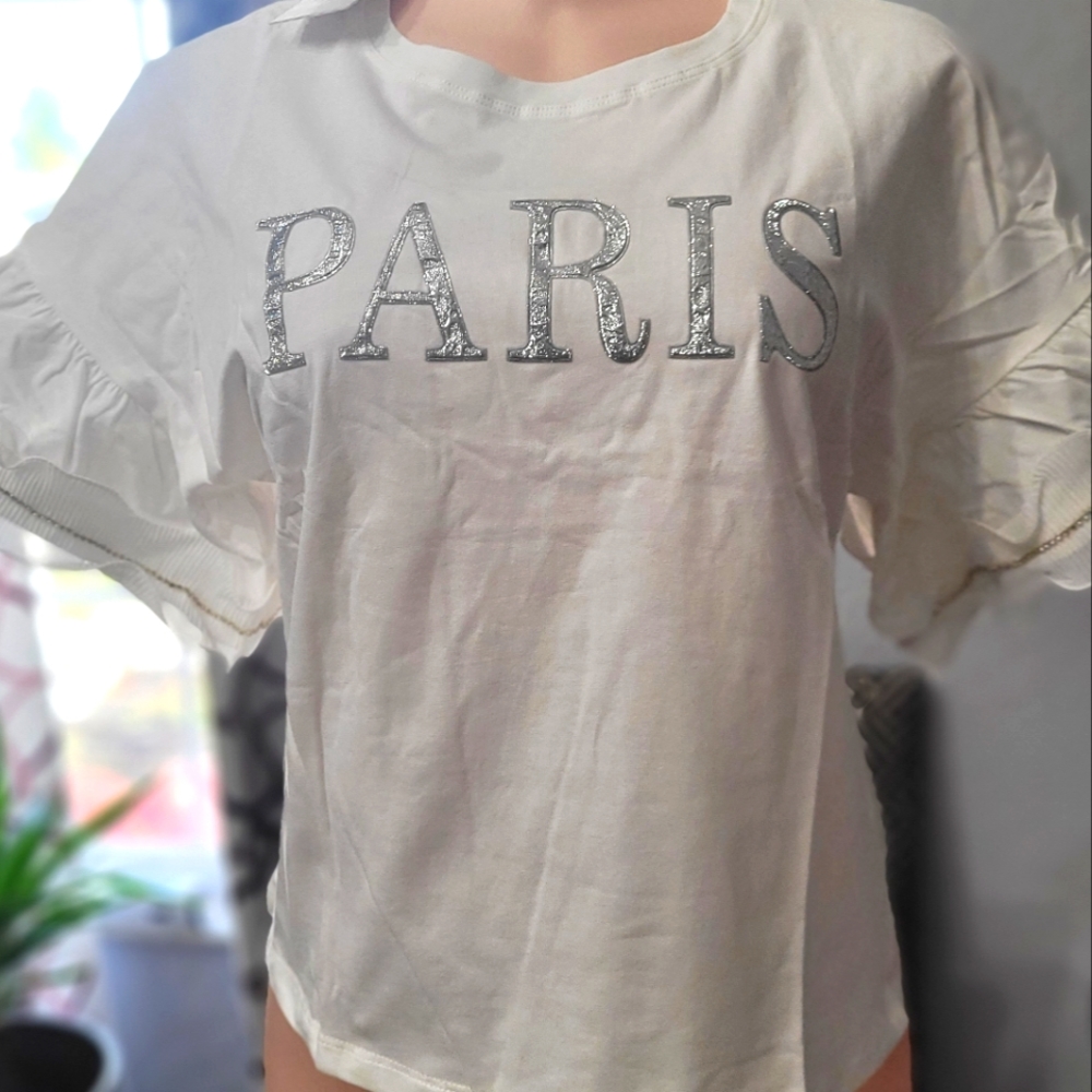 Beautiful PARIS blouse, short sleeve with metallic and bling detail.